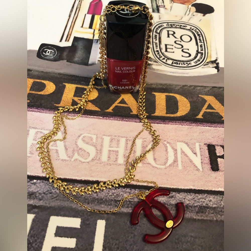 CHANEL Rare RED Lucite Pendant/Charm  onto Double Layered SS Necklace